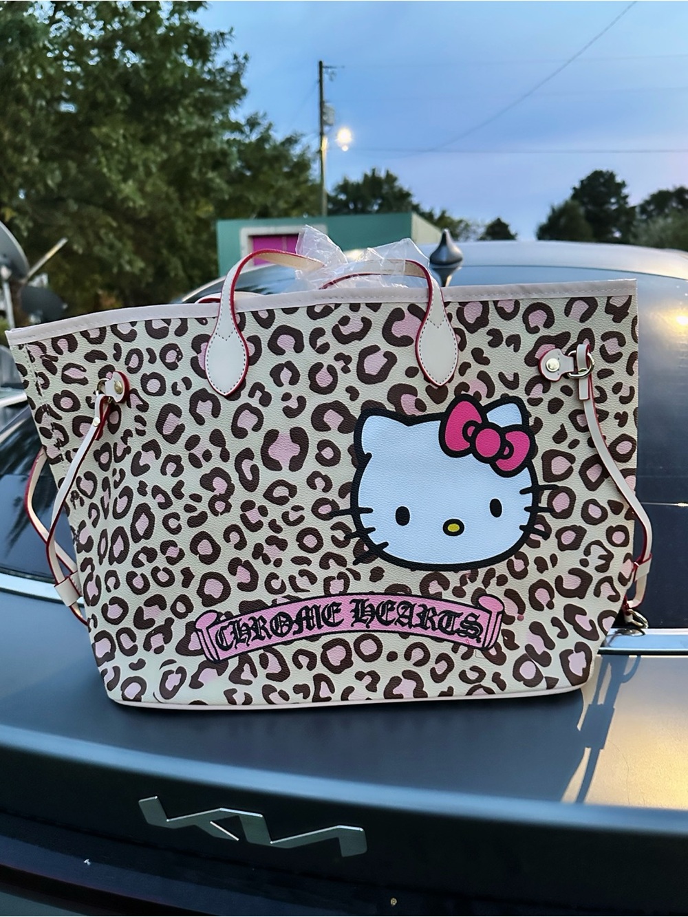 Chrome Hearts x Hello Kitty Leopard Tote Bag in Beige and Pink